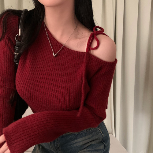 Korean chic design off-shoulder strappy sweater New Year red slimming long-sleeved sweater for women