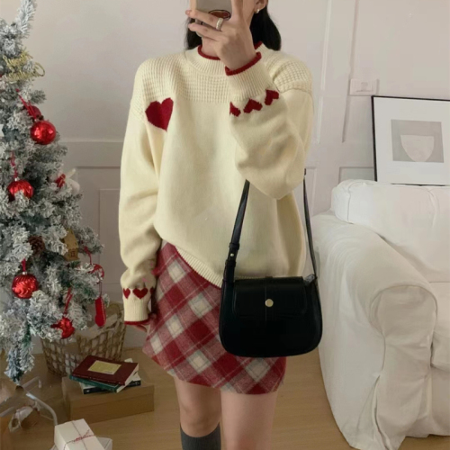 Korean version of contrasting color love jacquard pullover sweater for women in autumn and winter new loose, sweet and versatile soft waxy sweater top