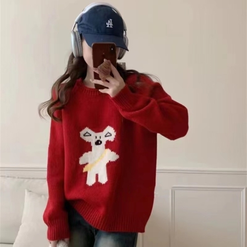 Round neck cartoon bear versatile sweater for women winter fashion loose foreign style versatile knitted top for outer wear trend