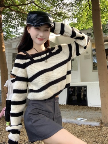 Design niche contrasting color striped long-sleeved sweater women's autumn new temperament discreet off-shoulder short top