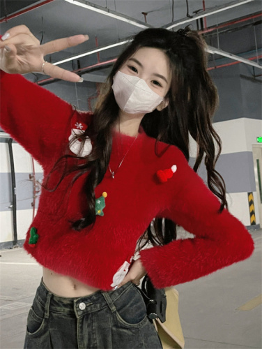 Real shot New Year red sweater women's autumn and winter solid color Christmas heavy industry three-dimensional decorative knitted top