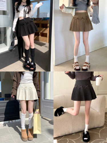 Actual shot of autumn and winter high-waisted woolen bow-knot anti-exposure skirt