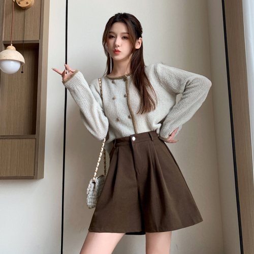 Actual shot of Starry Sky Woolen Shorts Korean Style Small Woolen Shorts Women's New Slim Suit Pants Wide Leg Casual Pants
