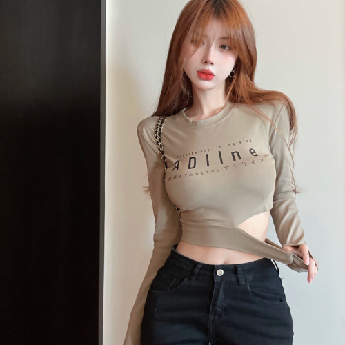 Early Autumn Sweet Hot Girl Pure Desire Short T-shirt Top Women's Designed Hollow Long Sleeve Chic and Unique Small Shirt in