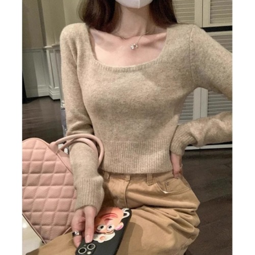 Square collar short soft waxy sweater for women autumn 2023 new pullover short sleeve long-sleeved top versatile base layer shirt