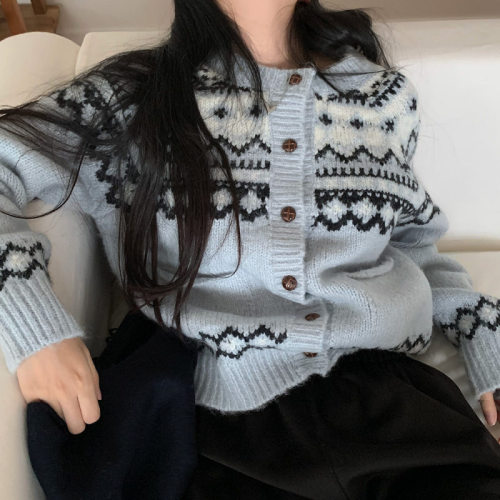 韩国chic冬日气质复古学院风重工钩花宽松针织开衫女毛衣外套