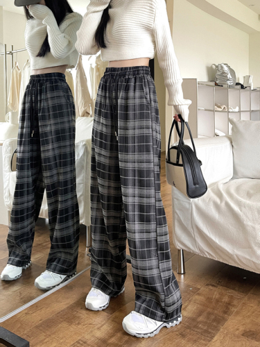 Real shot original black and white plaid pants for women autumn new style casual retro straight wide leg pants