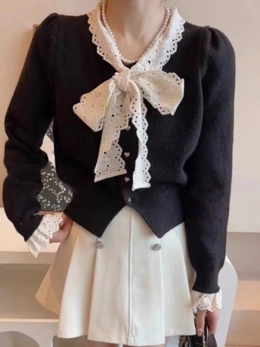 new autumn and winter women's French lace lace-up knitted cardigan with puff sleeves, slim and fashionable outer sweater jacket