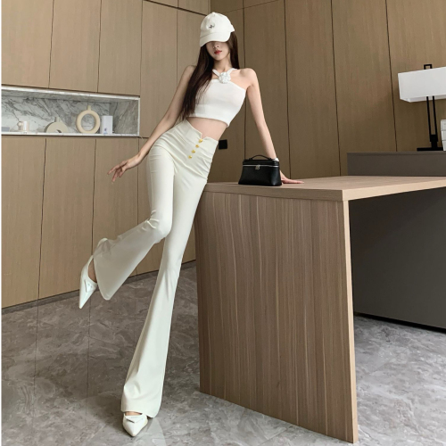 Apricot high-waisted buttoned micro-flared trousers for women in early spring new slim stretch casual floor-length horseshoe-flared trousers