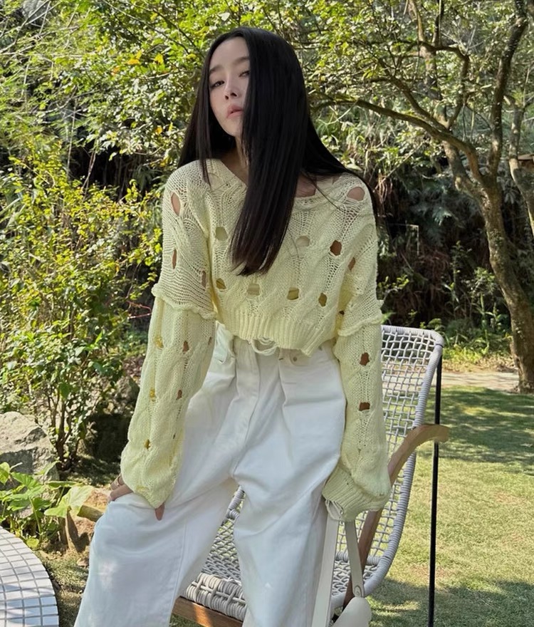 韓系春秋季新款氣質設計感破洞鏤空短款休閒毛衣上衣針織衫