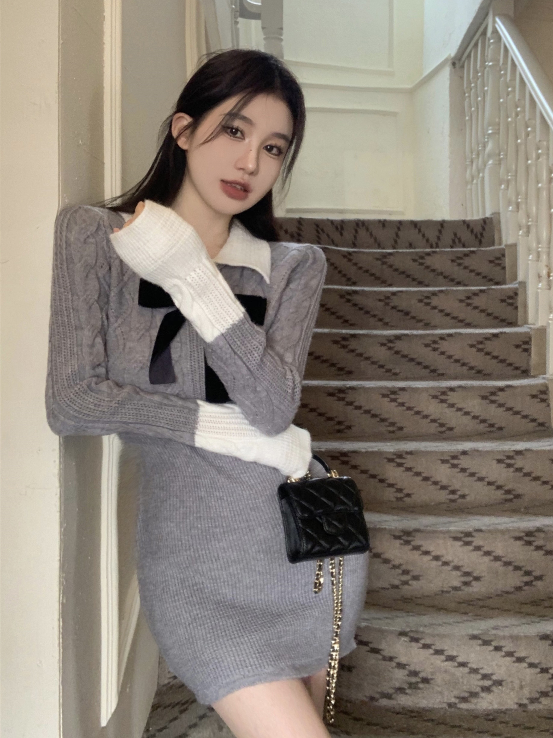 已出貨 灰色甜辣妹針織長袖連衣裙女裝毛衣打底短裙顯瘦包臀裙子