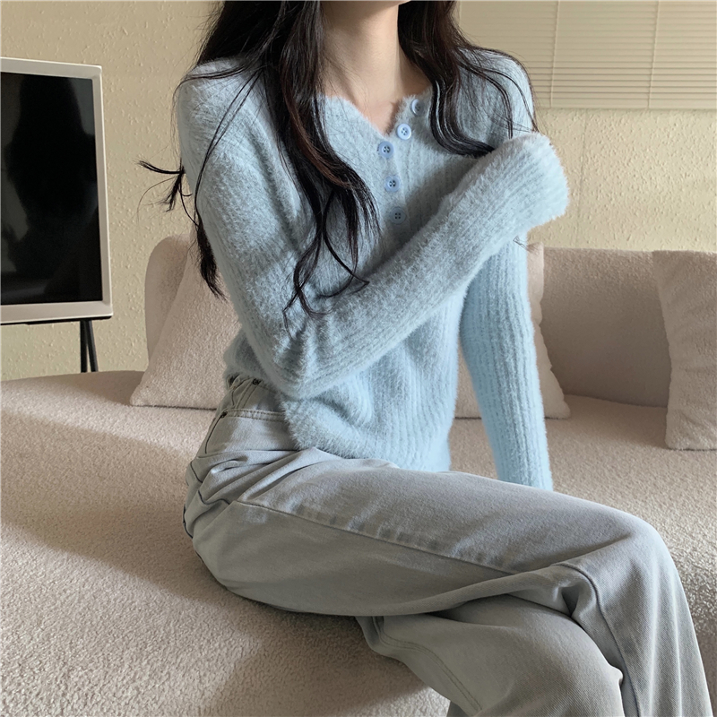已出貨 水貂絨軟糯毛衣女秋冬緊身保暖內搭針織打底衫小眾上衣