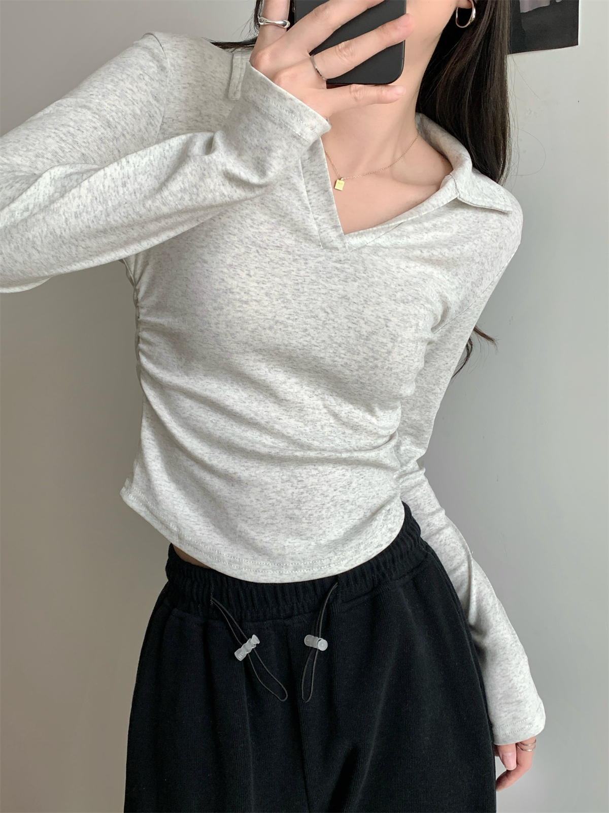 實拍 春季新款韓版氣質polo領褶皺修身純色長袖純棉T恤上衣女