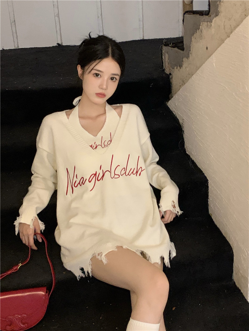 已出貨 溫柔慵懶風白色毛衣女兩件套設計感針織衫辣妹上衣套裝