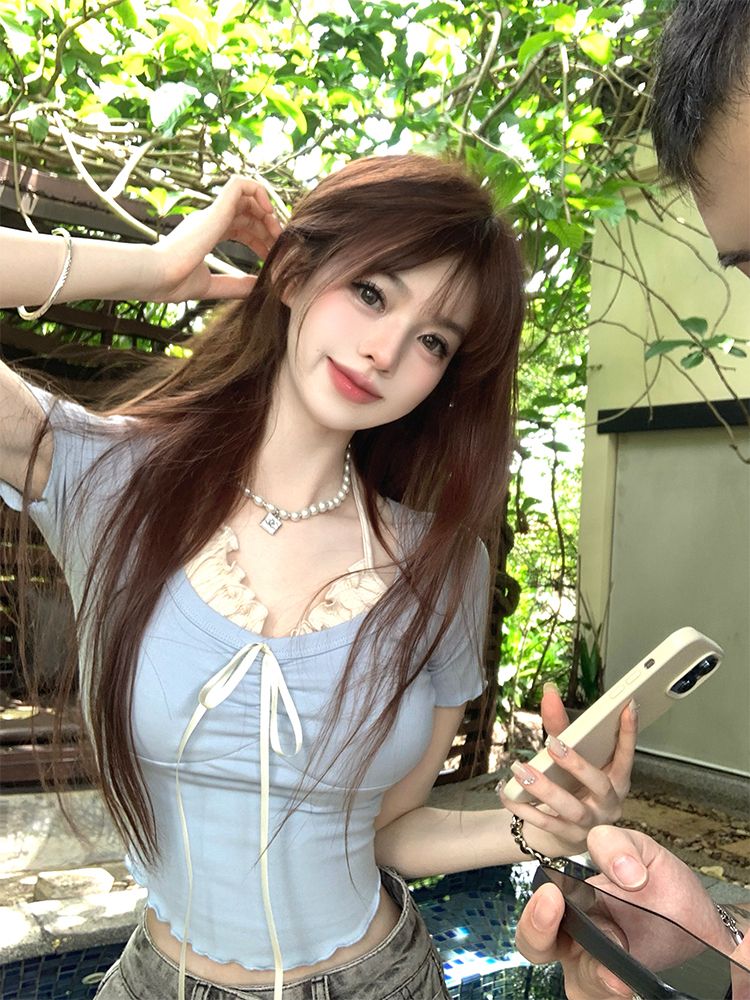 已出貨  法式甜妹風T恤設計感小眾短款辣妹掛脖顯瘦上衣女