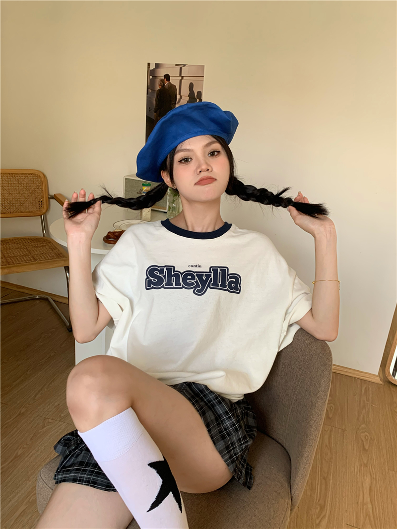 實拍 印花撞色寬鬆短袖套頭磨毛T恤