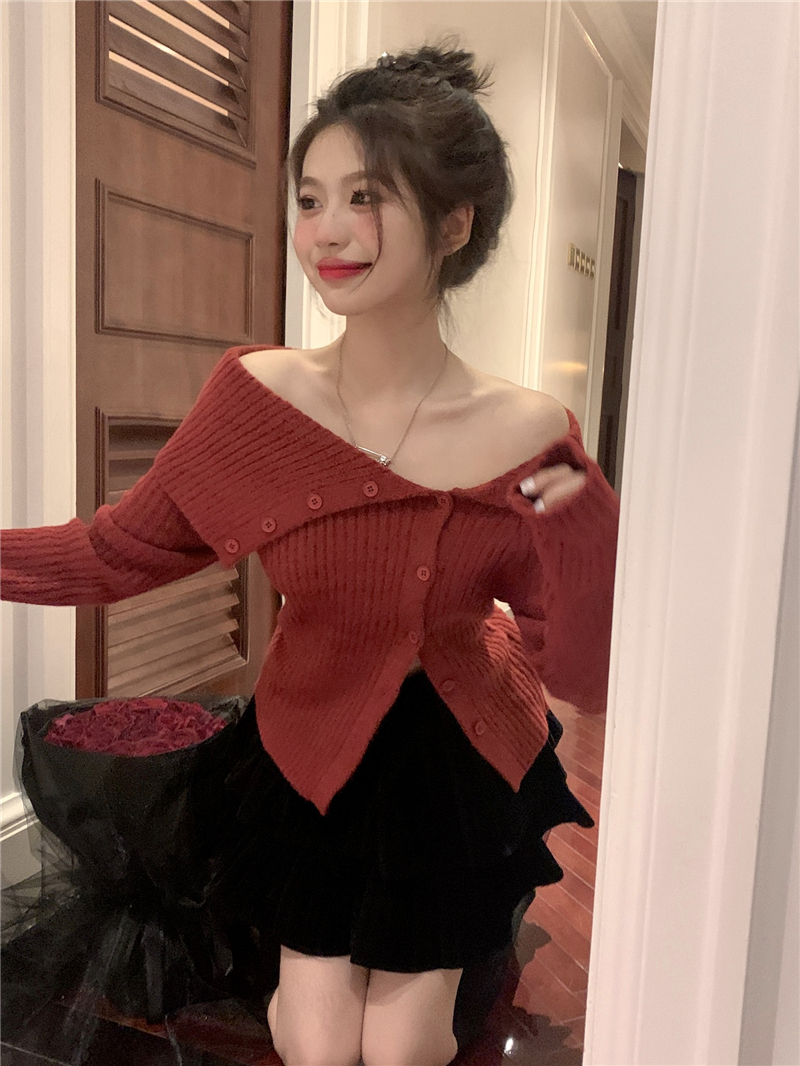 Already shipped pure lust style lapel irregular knitted cardigan pink off-shoulder sexy bottoming slim sweater top