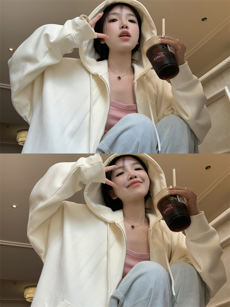 實拍寬鬆連帽奶呼呼的開衫衛衣外套