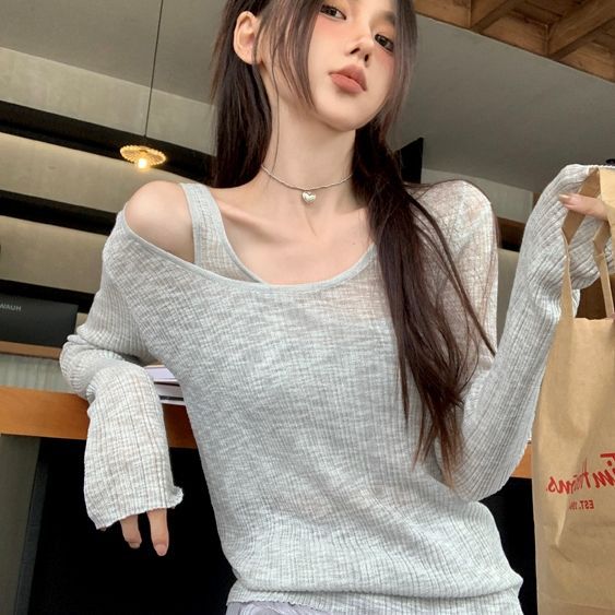 Already shipped two-piece Korean style simple style hollow long-sleeved knitted women's summer thin slim fit top for women