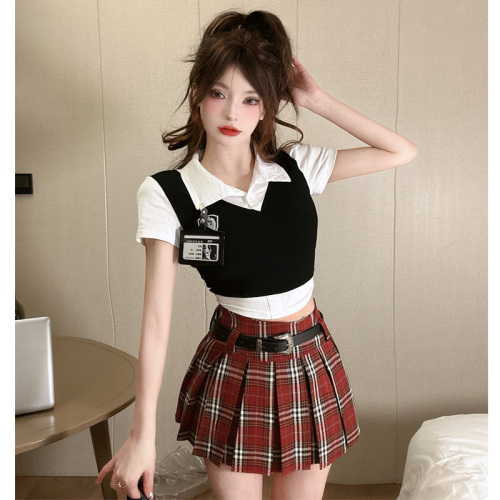 American college style female college fake two-piece knitted vest top plaid pleated skirt two-piece suit for hot girls