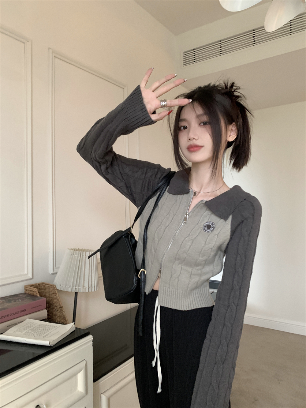 Already shipped retro contrast color design knitted sweater with bottoming shirt double zipper sweater cardigan top trendy