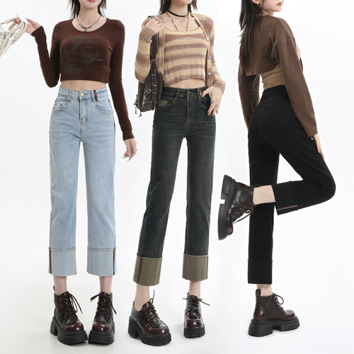 Photographed and Spliced Frayed Denim Jeans for Women Spring/Autumn 2024 New High-Waist Slimming Shorty Nine-Divided Edge Smoking Pipe Pants