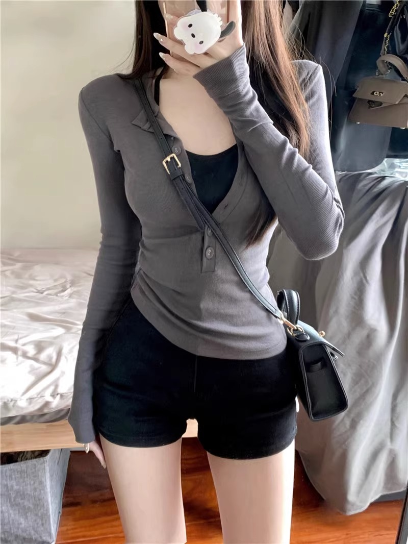 Already shipped Pure Desire gray long-sleeved T-shirt for women new design slimming bottoming shirt versatile top