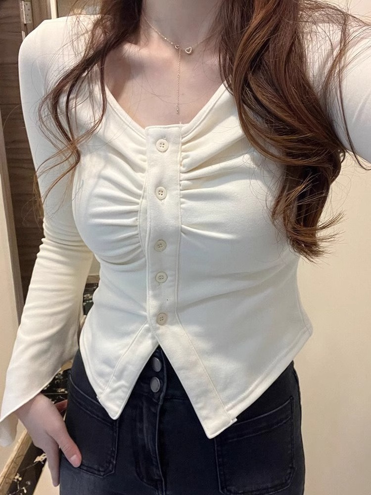 Already shipped French gentle style design niche v-neck long-sleeved t-shirt for women new style hot girl bottoming shirt
