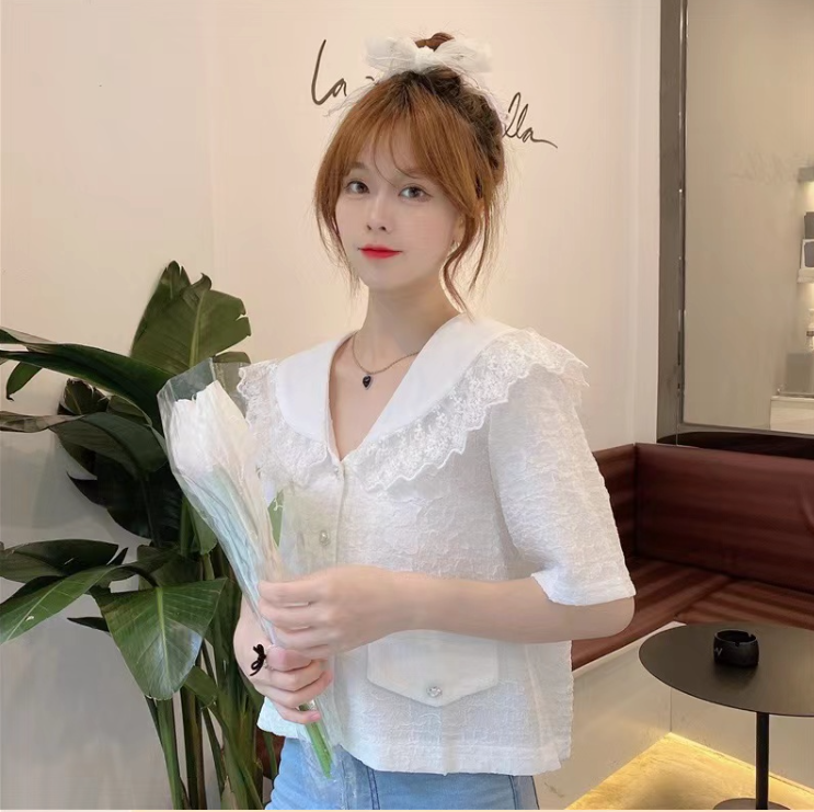 2024夏裝新款小香名媛風娃娃領蕾絲衫短款大碼女裝襯衫M-4XL200斤