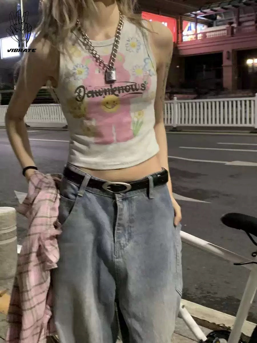 已出貨  美式復古辣妹風印花短款背心顯瘦新款百搭上衣女