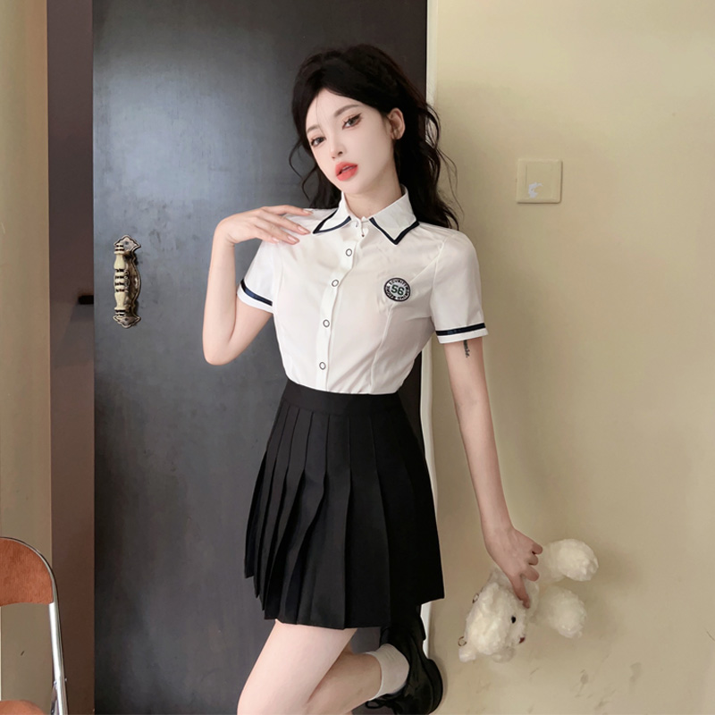 Real shot college style jk suit uniform technician work clothes western style age reducing slim pleated skirt shirt two piece set