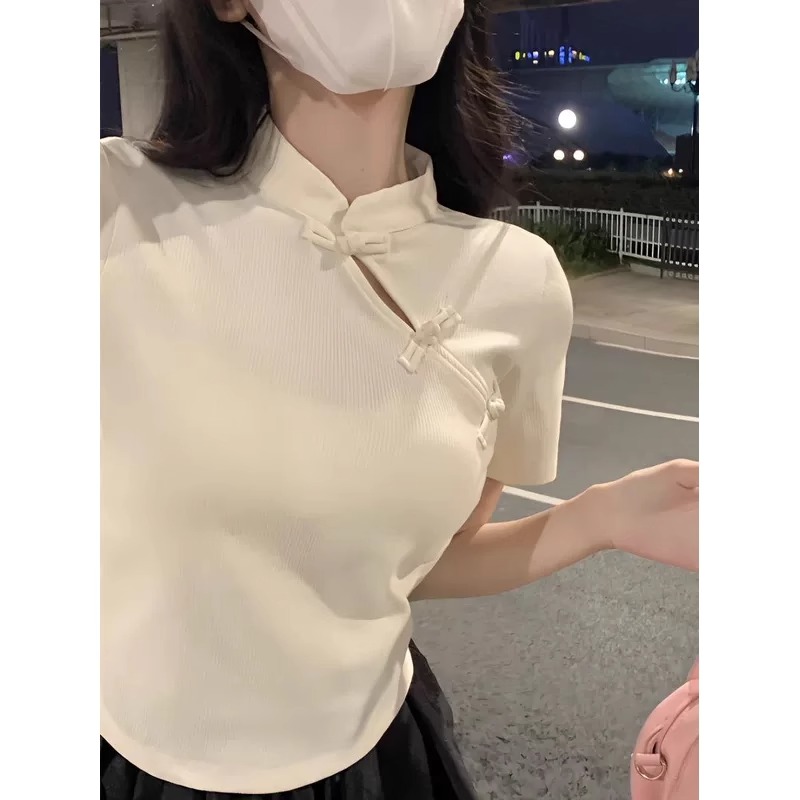 已出貨 中式短款立領上衣女夏季辣妹修身白色正肩短袖t恤ins