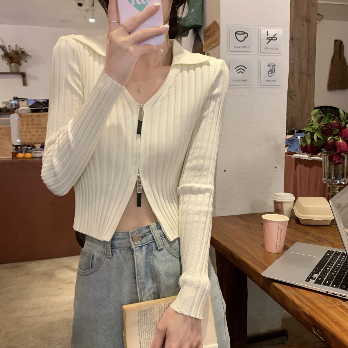 已出貨 小個子修身短款長袖打底針織衫上衣設計感小眾內搭v領毛衣