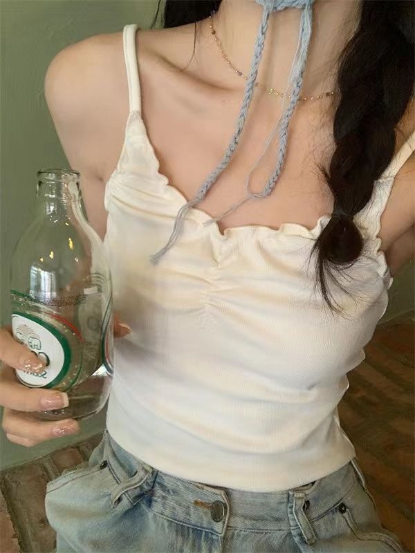 已出貨  韓系甜妹風拼接花邊抽繩吊帶背心百搭顯瘦短款上衣女