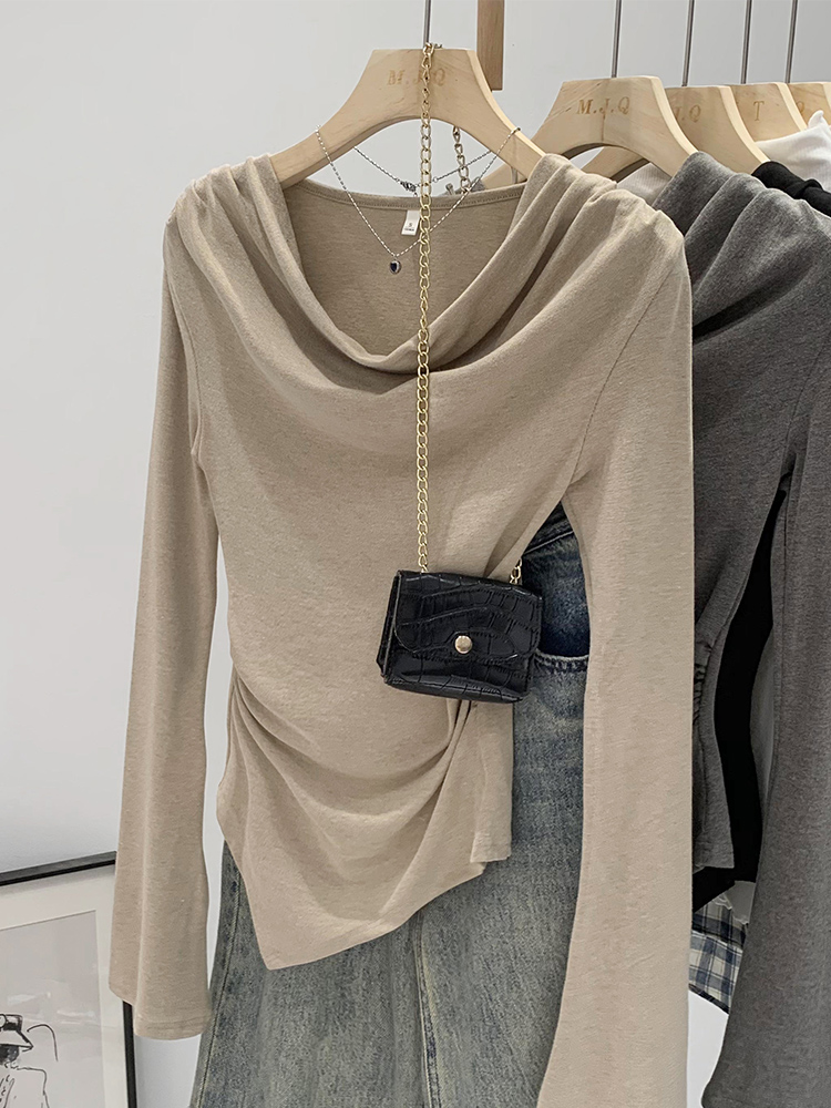 Already shipped Design niche pleated irregular swing collar long-sleeved T-shirt women's new bottoming shirt inner top