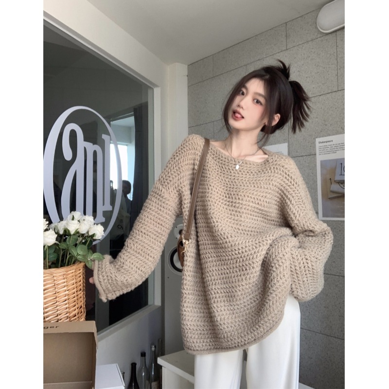 已出貨 法式針織衫甜美溫柔斜肩毛衣設計小眾別致慵懶風露肩上衣
