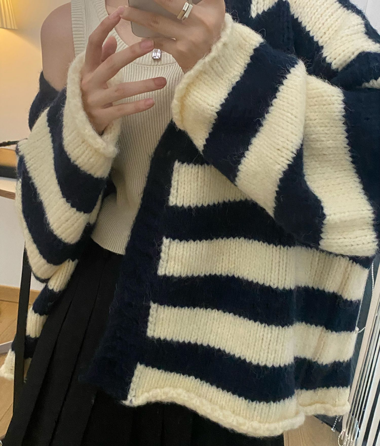 韓系LIYU李魚魚條紋針織開衫女春秋寬鬆毛衣軟糯中長款上衣女