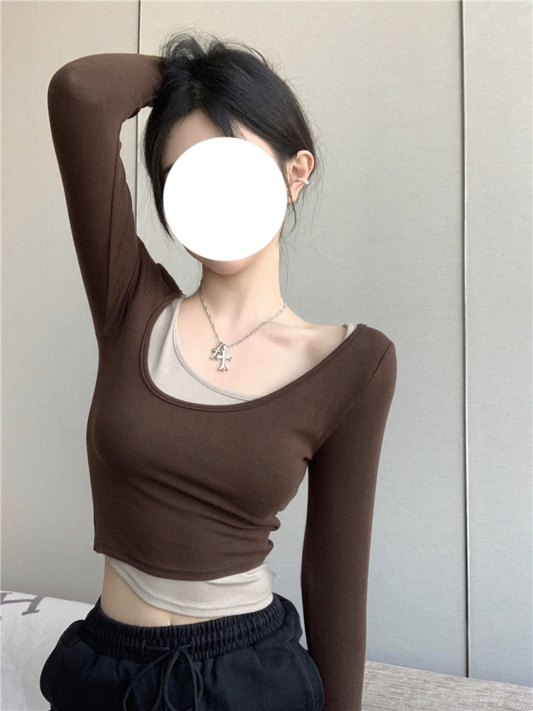 Already shipped hot girl splicing fake two-piece long-sleeved T-shirt for women spring and autumn inner design niche slim short top