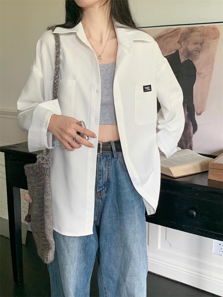 7409 Real shot of spring women's loose and lazy design niche long-sleeved shirt and mid-length jacket