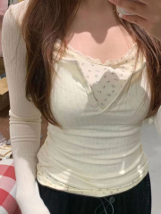 Lace floral two-piece fake autumn and winter pure lust style hot girl slim long-sleeved inner layering top