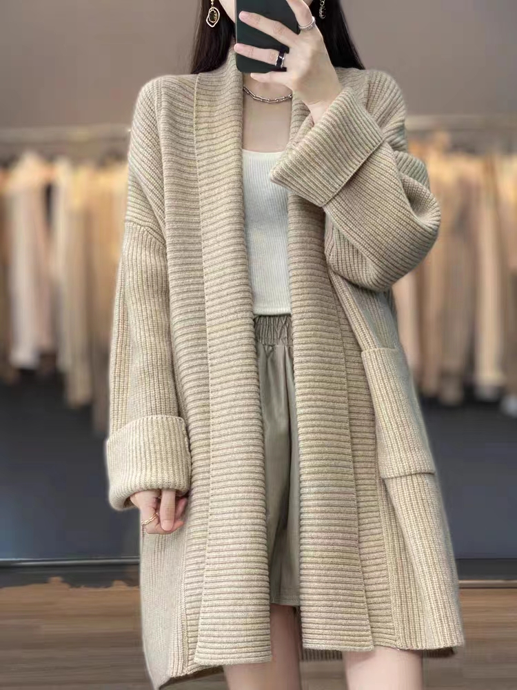 韓版外套女加厚中長款外搭絞花羊絨開衫寬鬆慵懶針織衫