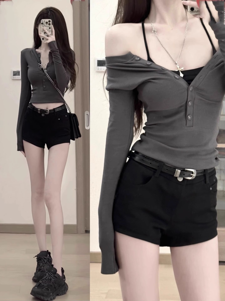 Already shipped Pure Desire Gray Long Sleeve T-shirt for Women Spring and Autumn New Style Slim Fit Bottoming Shirt Versatile Top
