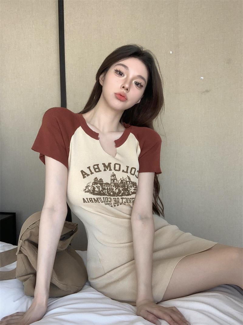 實拍 美式復古撞色辣妹短裙百搭v領印花短袖針織女連衣裙
