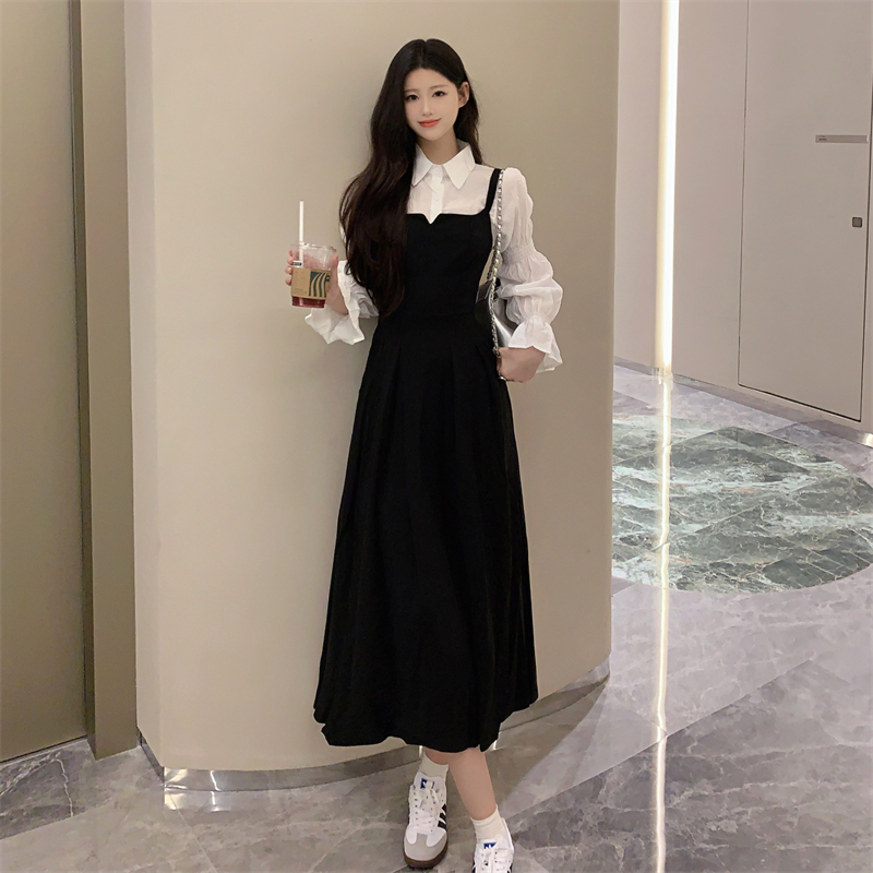 實拍 黑色吊帶連衣裙女法式收腰顯瘦赫本風小眾襯衫設計感兩件套