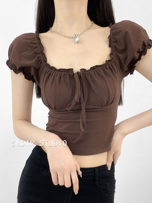 已出貨  法式復古方領短袖T恤女新款泡泡袖系帶短款顯瘦上衣女