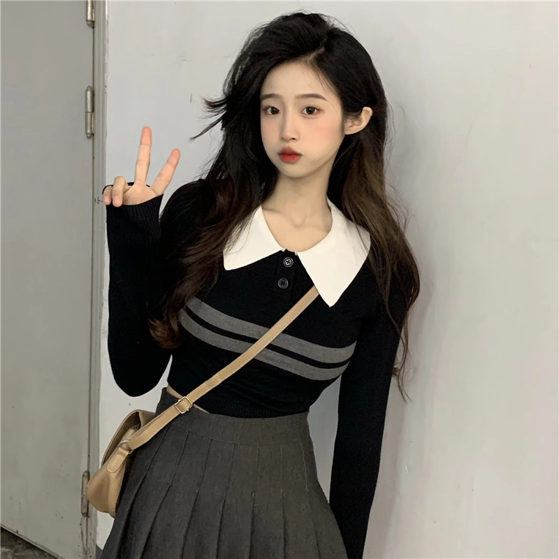 已出貨 純欲風polo領針織打底衫女高腰短款條紋長袖翻領毛衣上衣