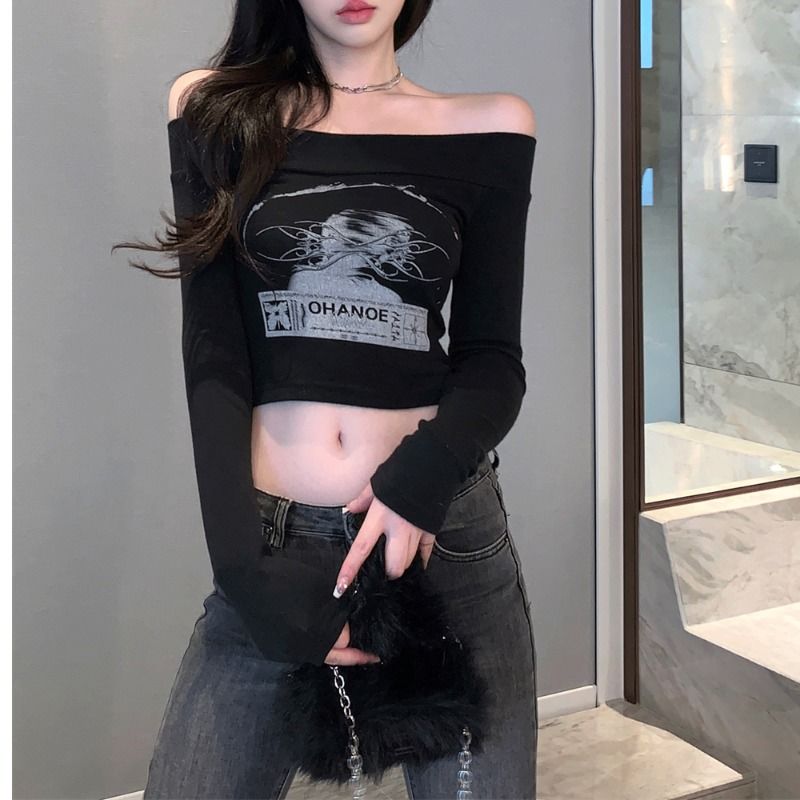 Already shipped American retro style long-sleeved spring slim high-waisted hottie T-shirt one-shoulder top for women