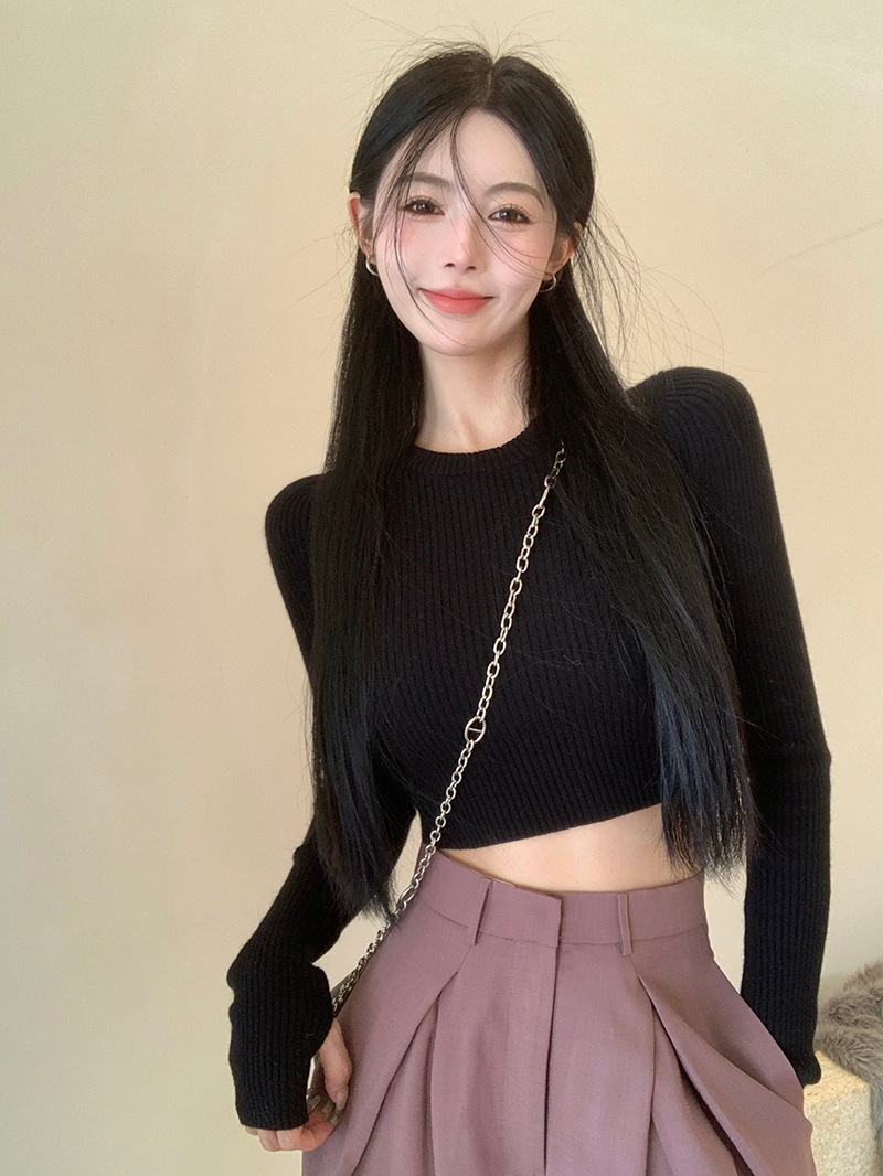 已出貨 黑色長袖短款毛衣針織衫女秋修身打底內搭辣妹上衣服