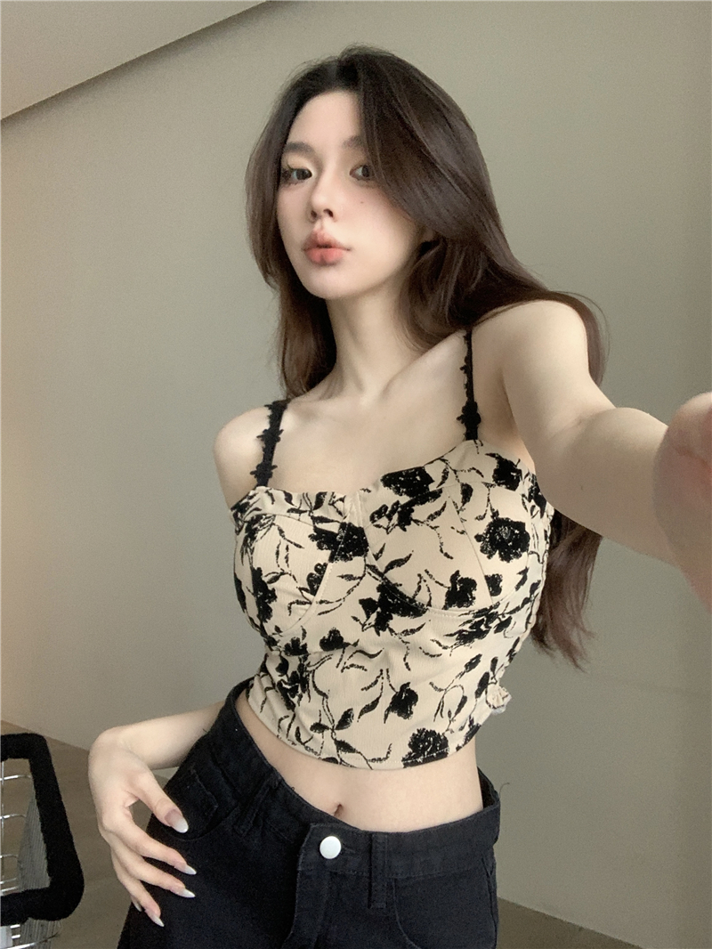實拍價 乾枯玫瑰性感印花純欲吊帶短款背心上衣