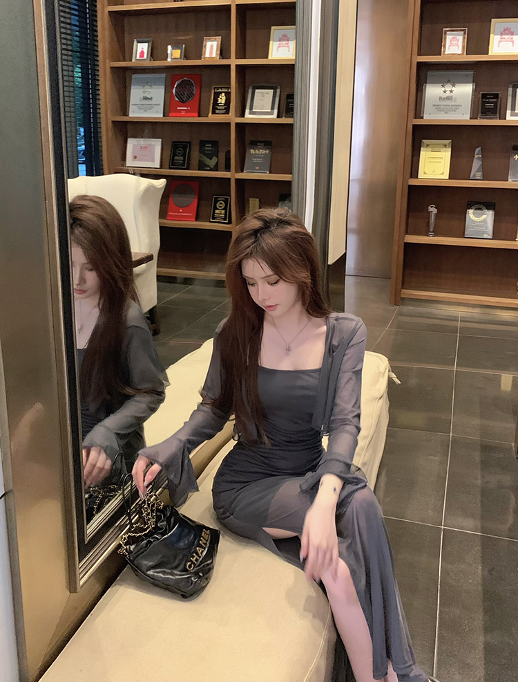 實拍 小眾設計感性感網紗吊帶長裙女防曬外套兩件套裝